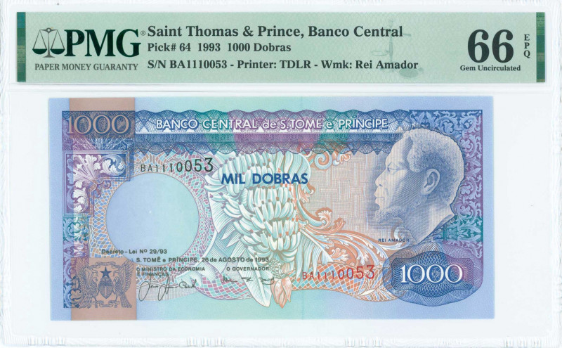 SAINT THOMAS & PRINCE: 1000 Dobras (26.8.1993) in purple and deep blue on multic...