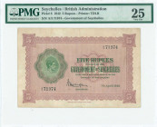 SEYCHELLES: 5 Rupees (7.4.1942) in lilac brown and green with portait of King George Vi in profile at left. S/N: "A/3 71974". Various date and signatu...