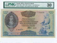 SOUTH AFRICA: 100 Pounds (29.1.1952) in blue and multicolor with portrait of Jan van Riebeeck at left and sailing ship at right. S/N: "E/1 014338". In...