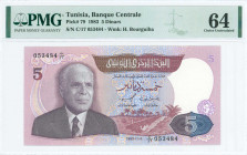 TUNISIA: 5 Dinars (3.11.1983) in red-brown and purple on lilac unpt with Habib Bourguiba at left and desert scene at bottom center. S/N: "C/17 053484"...
