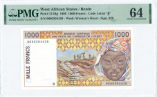 WEST AFRICAN STATES / BENIN: 1000 Francs (1996) in dark brown-violet on tan, yellow and multicolor unpt with workmen hauling peanuts to storage at cen...