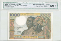 WEST AFRICAN STATES / BURKINA FASO: 1000 Francs (ND 1961) in brown, blue and multicolor with man and woman at center. S/N: "U.181 36397". Code letter ...