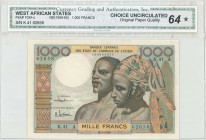 WEST AFRICAN STATES / IVORY COAST: 1000 Francs (20.3.1961) in brown, blue and multicolor with man and woman at center. S/N: "K.41 62658". Code letter ...