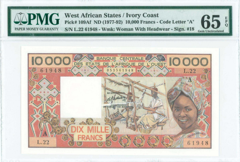 WEST AFRICAN STATES / IVORY COAST: 10000 Francs (ND 1977-92) in red-brown on mul...
