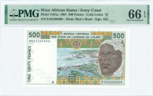 WEST AFRICAN STATES / IVORY COAST: 500 Francs (1991) in dark brown and dark green on multicolor unpt with flood control dam at center and man at right...