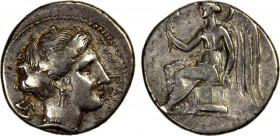 BRUTTIUM: Terina, AR drachm (2.10g), ca. 300 BC, HNI-2641, Holloway & Jenkins-107, head of nymph right, triskeles behind neck // Nike seated left on p...