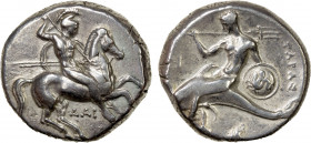 CALABRIA: Tarentum, AR didrachm (nomos) (7.83g), ca. 302-280 BC, HNI-935, Vlasto-594, magistrates Dai- and Phi-, nude warrior on horseback right, wear...