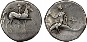 CALABRIA: Tarentum, AR didrachm (nomos) (6.37g), ca. 281-272 BC, HNI-1006, Vlasto-739ff, magistrates Neymo- and Zo-, nude youth on horseback right, cr...