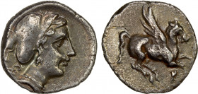 CORINTHIA: Corinth, AR drachm (2.18g), ca. 350-300 BC, BCD Corinth-175, BMC-231var (Pegasos left), Pegasos flying right, qoppa below // head of Aphrod...