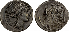 ROMAN REPUBLIC: Q. Servilius Caepio (M. Junius) Brutus, moneyer, AR denarius (3.89g), Rome, 54 BC, Crawford-433/1, head of Libertas right, LIBERTAS //...