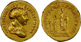 ROMAN EMPIRE: Trajan, 98-117 AD, AV aureus (7.07g), Rome, 103-111 AD, RIC-93, laureate and draped bust right, IMP TRAIANO AVG GER DAC P M TR P // Traj...
