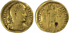 ROMAN EMPIRE: Valentinian I, 364-375 AD, AV solidus (4.34g), Antioch, S-19264, diademed & cuirassed bust // RESTITVTOR REI PVBLICAE, Valentinian stand...