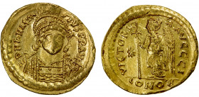 BYZANTINE EMPIRE: Anastasius I, 491-518, AV solidus (4.32g), Constantinople, S-5, helmeted and cuirassed bust, facing slightly to the right, holding s...