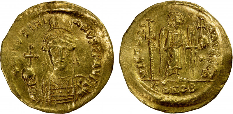 BYZANTINE EMPIRE: Justinian I, 527-565, AV solidus (4.17g), Constantinople, S-14...