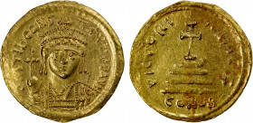 BYZANTINE EMPIRE: Tiberius II Constantine, 578-582, AV solidus (4.30g), Constantinople, S-422, crowned and cuirassed bust facing, holding globus cruci...