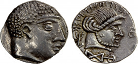 QATABAN: Unknown ruler, ca. 100 BC, AR hemidrachm (1.87g), Huth-366, male head with curly hair, undeciphered legend above // bearded male head, monogr...