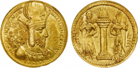 SASANIAN KINGDOM: Shahpur (Shapur) I, 241-272, AV dinar, G-21, diademed bust right, wearing mural crown with korymbos // fire altar flanked by two att...