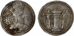 SASANIAN KINGDOM: Shahpur I, 241-272, AR drachm (4.38g), G-23, king's bust, wearing tiara headdress with korymbos & earflaps // fire altar guarded by ...