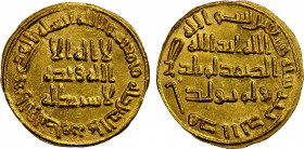 UMAYYAD: al-Walid I, 705-715, AV dinar (4.29g), NM (Dimashq), AH90, A-127, thin scratch on obverse, wonderful bold strike, choice AU.
Estimate: $450-...