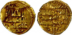 ABBADID OF SEVILLE: al-Mu'tamid Muhammad, 1069-1091, AV fractional dinar (1.05g), NM, ND, A-403A, PyV-421e, citing al-Rashid above and al-Ma'mun below...