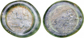 FATIMID: al-Mustansir, 1036-1094, glass weight/jeton (0.74g), A-724, FGJ-273, simple legend al-imam / ma'add, uniface; green with some light brown, tr...