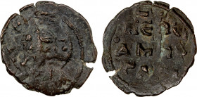 DANISHMENDID: Amir Ghazi, 1104-1134, AE dirham (3.34g), NM, ND, A-1237B, nimbate bust of Christ facing // short Greek inscription, derived from Whelan...