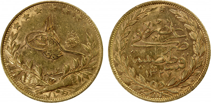 TURKEY: Mehmet V, 1909-1918, AV 100 kurush, Kostantiniye, AH1327 year 8, KM-776,...