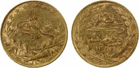 TURKEY: Mehmet V, 1909-1918, AV 100 kurush, Kostantiniye, AH1327 year 8, KM-776, with el-Ghazi at right, AU.
Estimate: $425-475