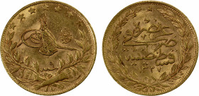 TURKEY: Mehmet V, 1909-1918, AV 100 kurush, Kostantiniye, AH1327 year 9, KM-776, with el-Ghazi at right, AU.
Estimate: $425-475