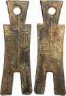 WARRING STATES: State of Chu, 350-250 BC, AE spade money (34.23g), H-3.470, 35x102mm, large flat-handle square-foot spade type, pei bi dang jin on obv...