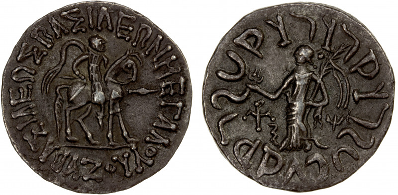 INDO-SCYTHIAN: Azes, ca. 58-12 BC, AR tetradrachm (9.62g), Senior-82, king on ho...
