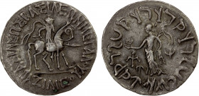 INDO-SCYTHIAN: Azilises, ca. 57-35 BC, AR tetradrachm (9.46g), Senior-56, king on horseback // Tyche standing, holding lamp & palm branch, wonderful s...