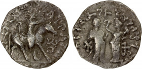 INDO-SCYTHIAN: Zeionises, late 1st century BC, AR tetradrachm (10g), Senior-132, king on horseback, holding whip, nandipada to right // Tyche crowning...
