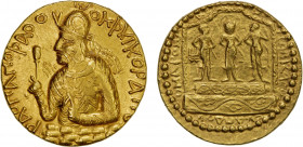 KUSHAN: Huvishka, ca. 155-187 AD, AV dinar (7.96g), G-157.1, BMC-XXVIII/24, NC-XX/17 (same reverse die), diademed and crowned half-length bust left, w...