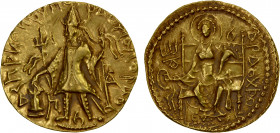 KUSHANO-SASANIAN: Vasishka, ca. 240-250, AV dinar (7.83g), Mitch-3502var, standard obverse, with Brahmi Nya / Tha / Vi // Ardoksho enthroned, with her...