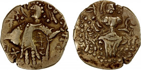 KIDARITE: Kritavirya, 5th century, debased AV dinar (7.89g), Mitch-3631/33, king standing, KiDaRa beneath his left arm // Ardoksho enthroned, ruler's ...