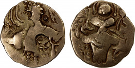 KIDARITE: Anonymous, 6th-7th century, debased AV dinar (7.78g), Mitch-3695/3702, king standing, KiDaRa beneath his left arm // Ardoksho enthroned, deb...