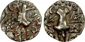 KIDARITE: Vigrahatunga, 7th/8th century, debased AV dinar (7.57g), Cribb-30, highly stylized king standing left // abstract Ardoksho seated facing, sr...