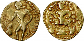 GUPTA: Kumaragupta I, 409-450/52, AV dinar (8.08g), BMC-254/56, Kumar p.316 (class II), Peacock Type: Kumaragupta, nimbate, standing left, his hand em...