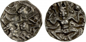 KASHMIR: Harshadeva, 1089-1101, AR drachm (3.08g), cf. JONS-208 (2011), pp.28-33, man, wearing angular headdress and holding spear, seated on horsebac...