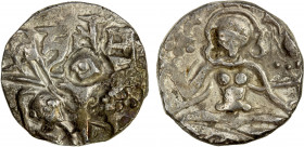 KASHMIR: Harshadeva, 1089-1101, AR drachm (3.15g), cf. JONS-208 (2011), pp.28-33, man, wearing angular headdress and holding spear, seated on horsebac...