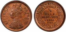 DHAR: Anand Rao III, 1860-1898, AE ½ pice, 1887, KM-12, regal type with portrait of Empress Victoria, a wonderful mostly red lustrous example! PCGS gr...