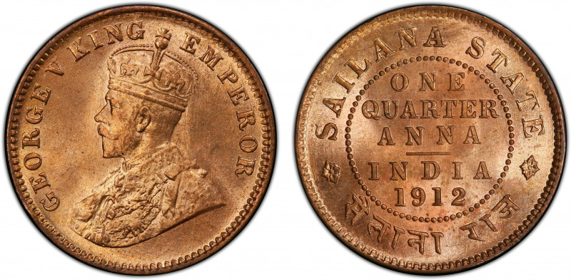 SAILANA: Jaswant Singh, 1890-1919, AE ¼ anna, 1912, KM-16, a fantastic full red ...