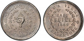 TRAVANCORE: Rama Varma VI, 1885-1924, AR ½ rupee, 1889, KM-38, a wonderful lustrous mint state example! PCGS graded MS64.
Estimate: $200-300