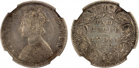 BRITISH INDIA: Victoria, Queen, 1837-1876, AR ½ rupee, 1874(b), KM-472, S&W-5.23, NGC graded AU53.
Estimate: $100-200