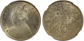 BRITISH INDIA: Victoria, Empress, 1876-1901, AR ½ rupee, 1887-C, KM-491, S&W-6.206, a lovely mint state example! NGC graded MS63.
Estimate: $200-300
