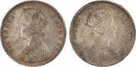 BRITISH INDIA: Victoria, Empress, 1876-1901, AR rupee, ND, KM-492, obverse brockage error, VF-EF, ex Arvind Sanghvi Collection. Known as a "lakhi" err...
