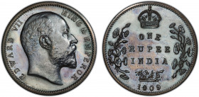 BRITISH INDIA: Edward VII, 1901-1910, AR rupee, 1909(b), KM-508, S&W-7.48, Bombay mint, original proof striking, rare as such, uneven but pleasing ton...