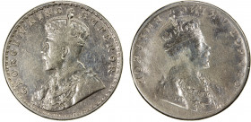 BRITISH INDIA: George V, 1910-1936, AR rupee, ND, KM-524, obverse mirror brockage error, thus without date and mint, F-VF, R. Known as a "lakhi" error...