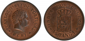 PORTUGUESE INDIA: Carlos I, 1889-1908, AE ½ tanga, 1901, KM-16, a lovely mint state example with much original red luster! PCGS graded MS63 BN, ex Joe...